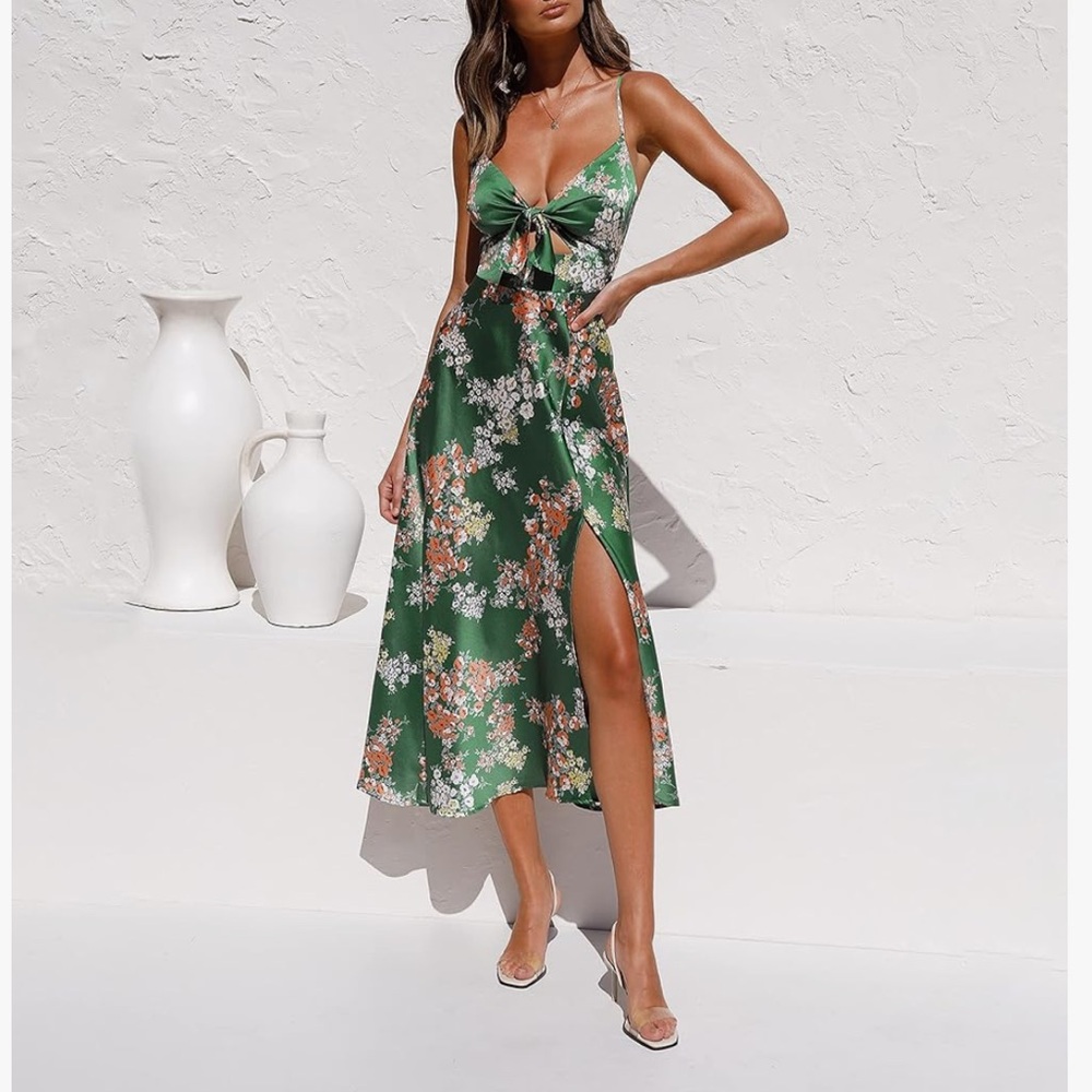 Fashionme Women Spaghetti Strap Midi Satin Dresses Tie Front Backless Dress